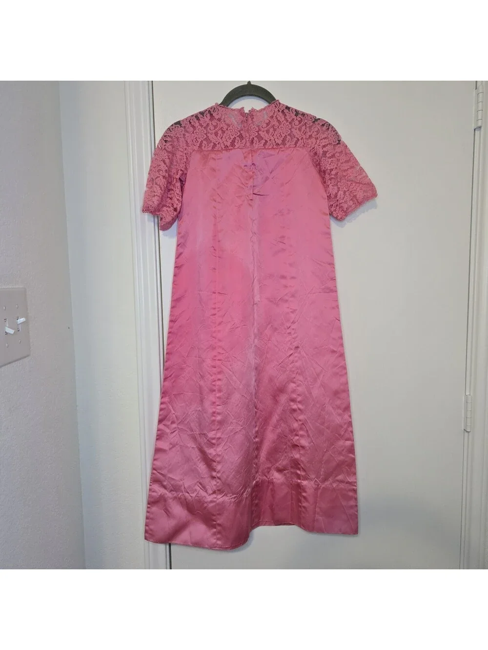 VTG Pink Satin Lace Dress 60s Mod Style Youth Approx 10-12 Retro Heirloom
